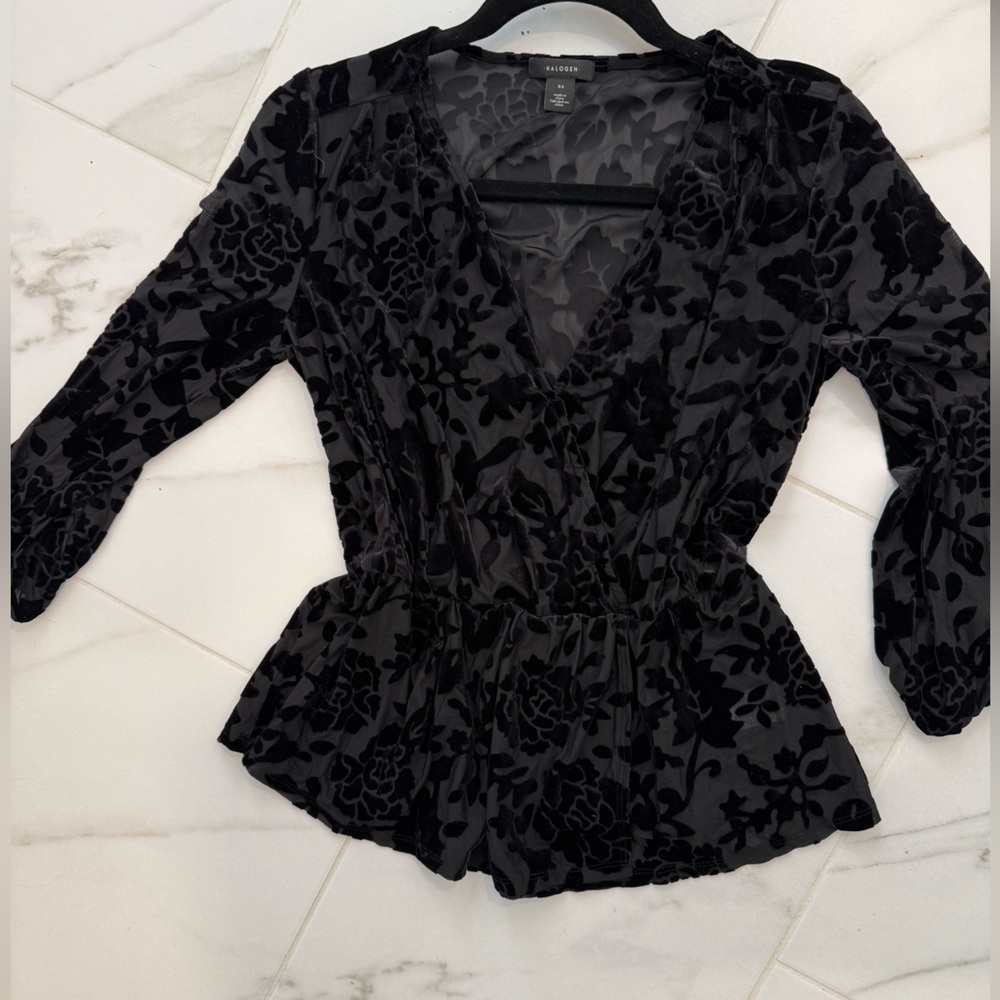 Halogen Black sheer and velvet  Floral Blouse